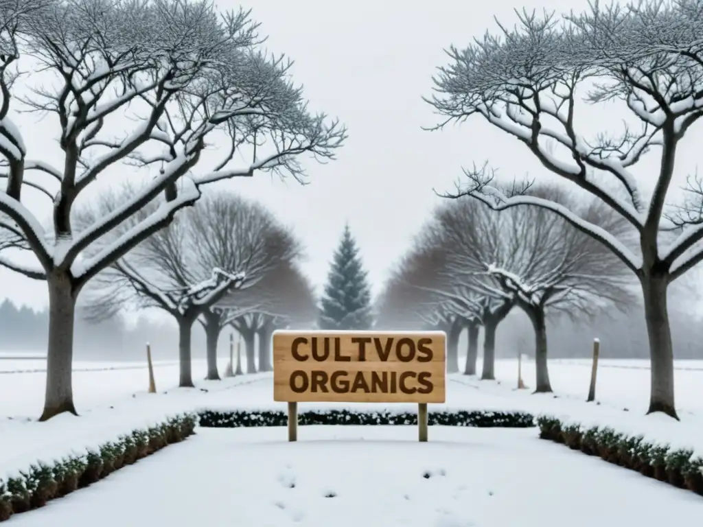 Una granja orgánica cubierta de nieve en un clima frío, rodeada de árboles helados