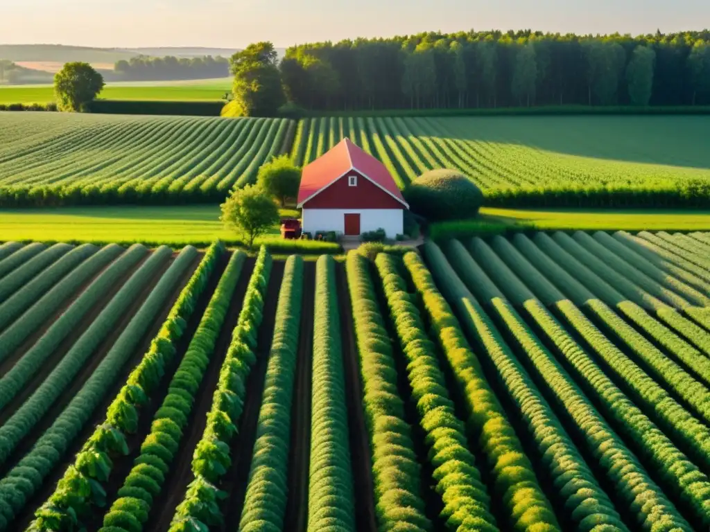 Una granja orgánica bien cuidada, con cultivos en filas ordenadas en tonos verdes