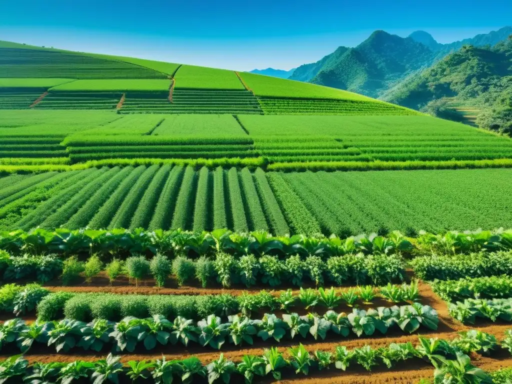 Granja orgánica en Asia con cultivos abundantes y exuberantes bajo el cielo azul