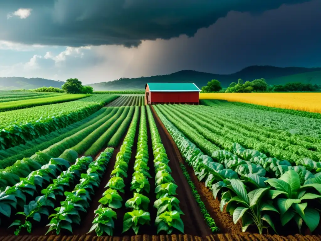 Granja orgánica protegiendo cultivos del clima extremo con técnicas innovadoras