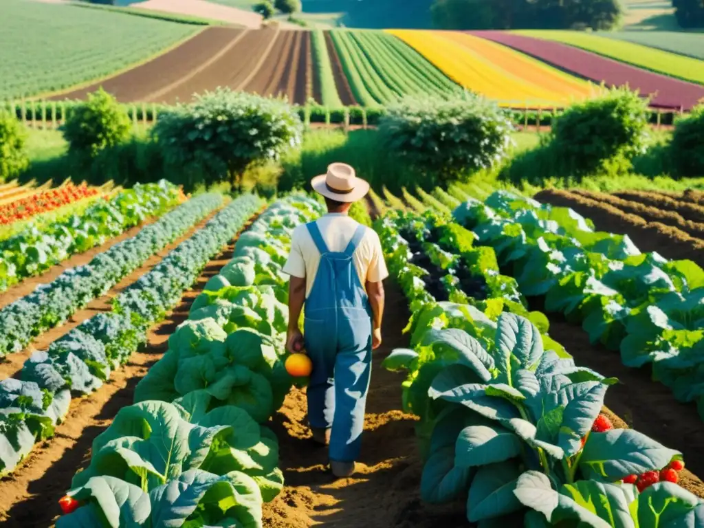 Una granja orgánica próspera con cultivos coloridos bajo el sol