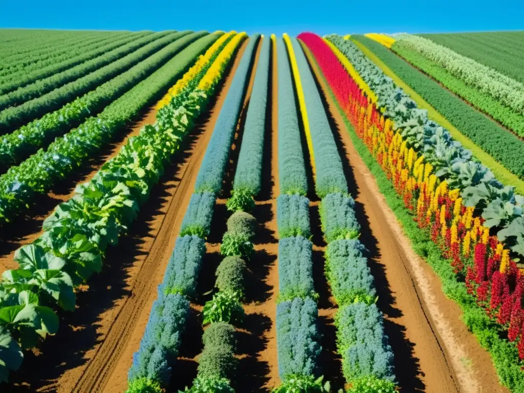 Granja orgánica próspera con cultivos coloridos bajo cielo azul