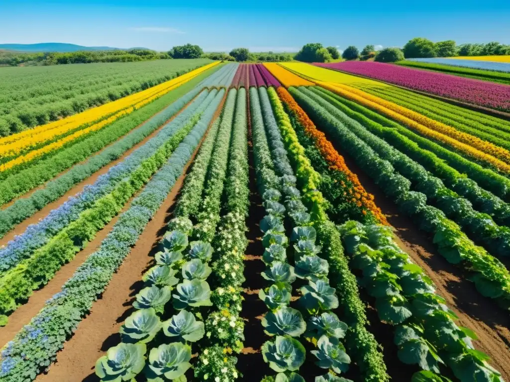 Granja orgánica con cultivos coloridos bajo cielo azul