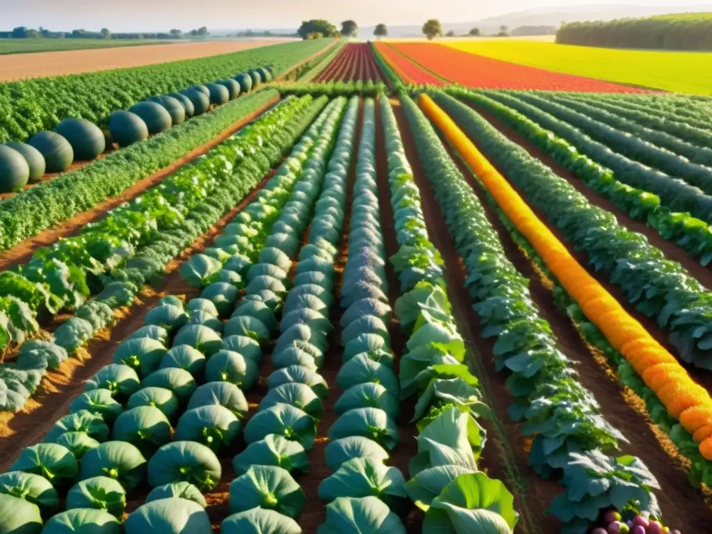 Granja orgánica: belleza natural y abundancia Granja orgánica con cultivos coloridos bajo el sol
