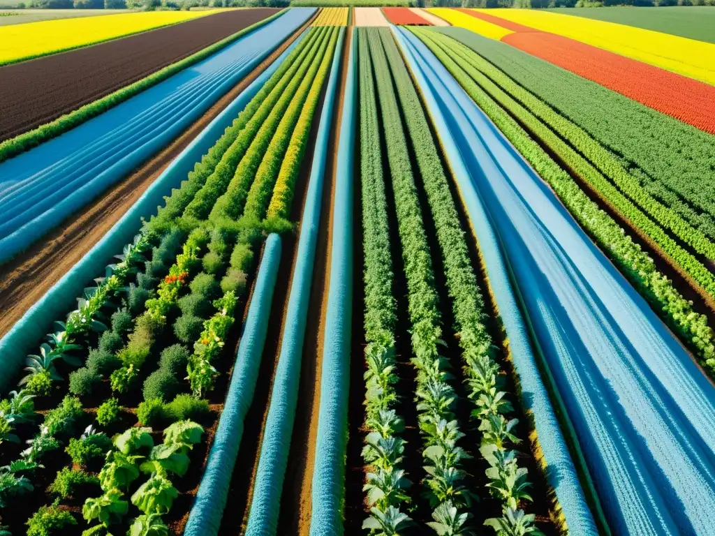 Una granja orgánica próspera, con cultivos coloridos bajo el cielo azul