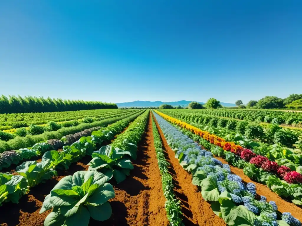 Granja orgánica con cultivos coloridos bajo cielo azul