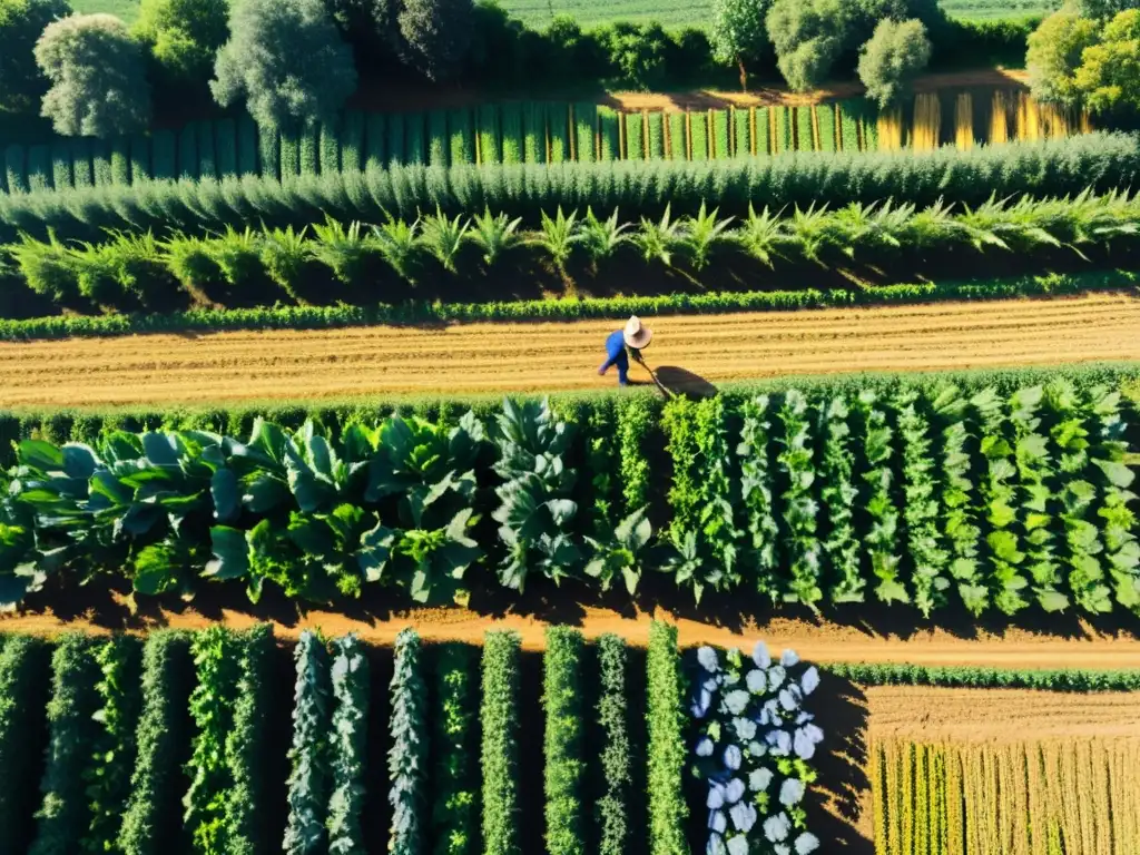 Granja orgánica con cultivos en filas, trabajadores cosechando bajo el cielo azul