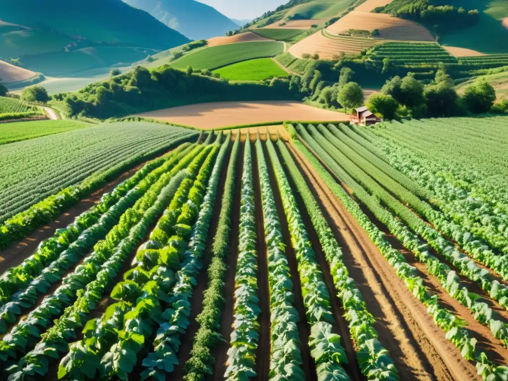 Una granja orgánica con cultivos ordenados, reflejando la cooperación entre agricultores