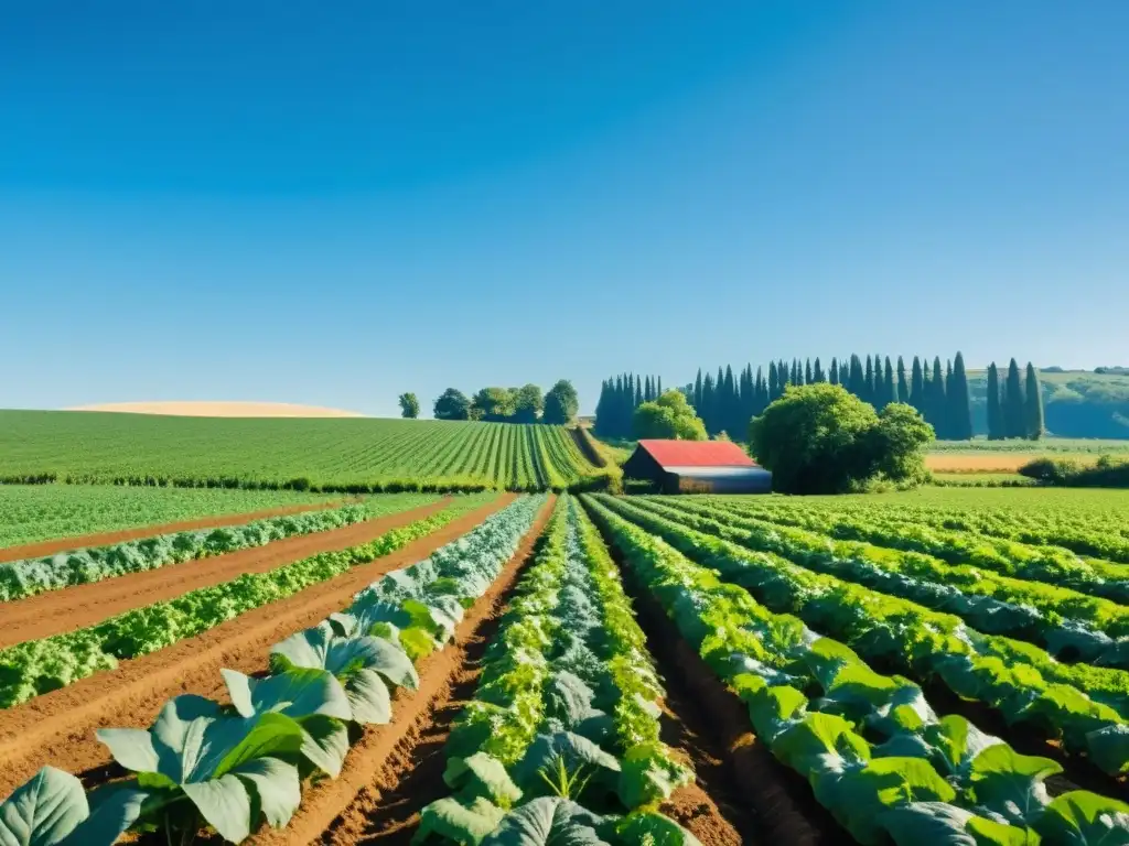 Una granja orgánica próspera, con cultivos ordenados y agricultores diversos trabajando armoniosamente en los campos