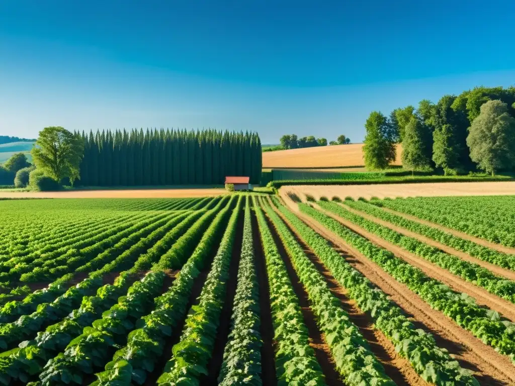 Granja orgánica con cultivos ordenados bañados por el sol