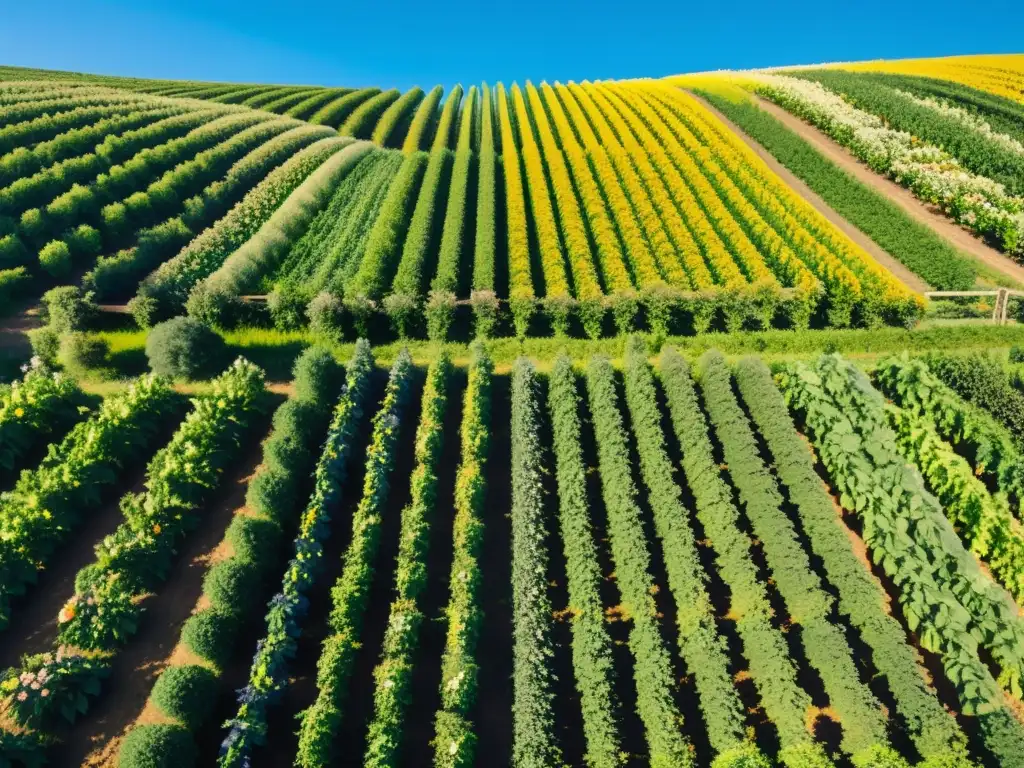 Granja orgánica con cultivos ordenados bajo cielo azul