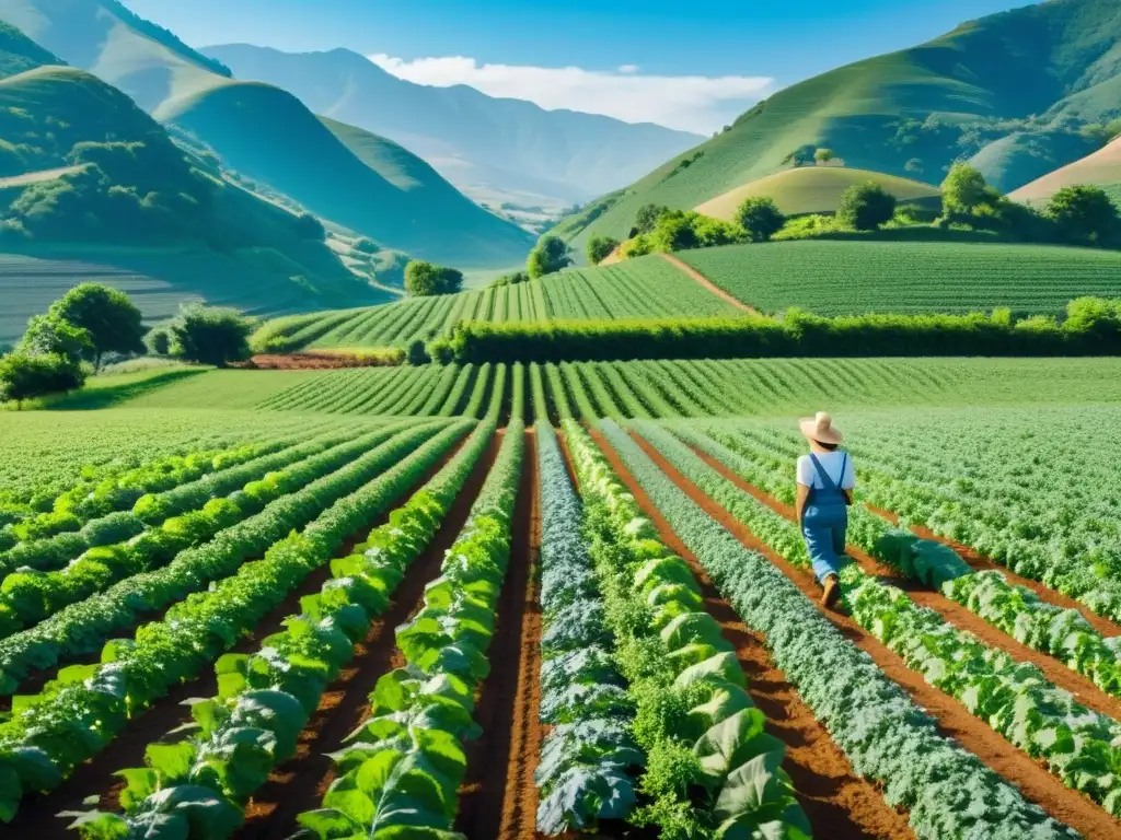 Granja orgánica con cultivos ordenados, colinas y cielo azul