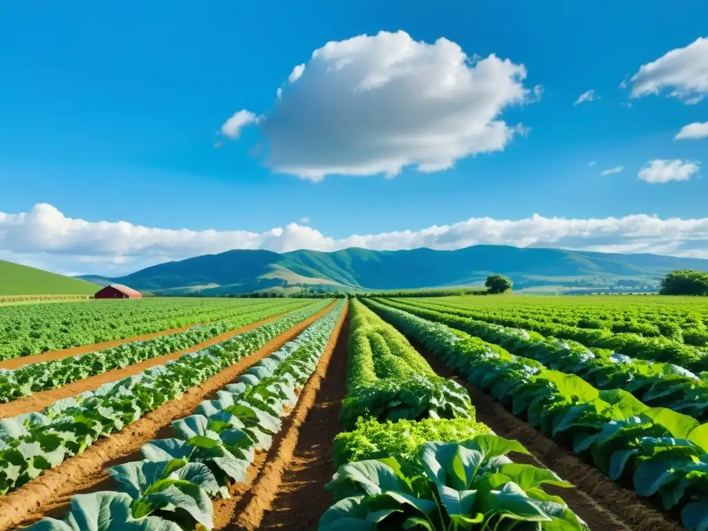 Granja orgánica con cultivos ordenados, cielo azul y colinas