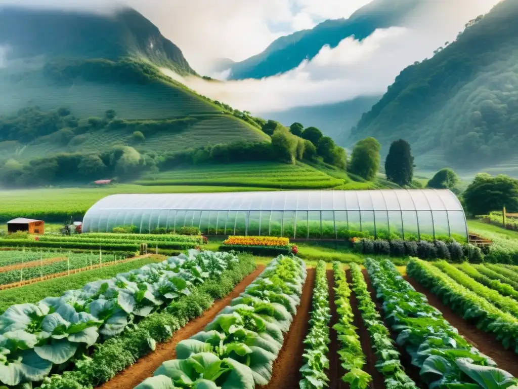 Granja orgánica en valle montañoso con protección cultivos orgánicos clima extremo, invernadero y diversidad de vegetales y frutas