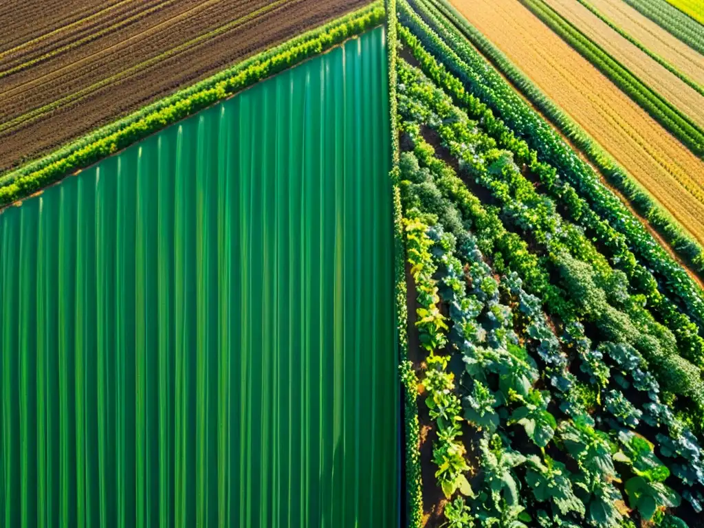 Granja orgánica con cultivos sanos y coloridos bajo el cielo azul