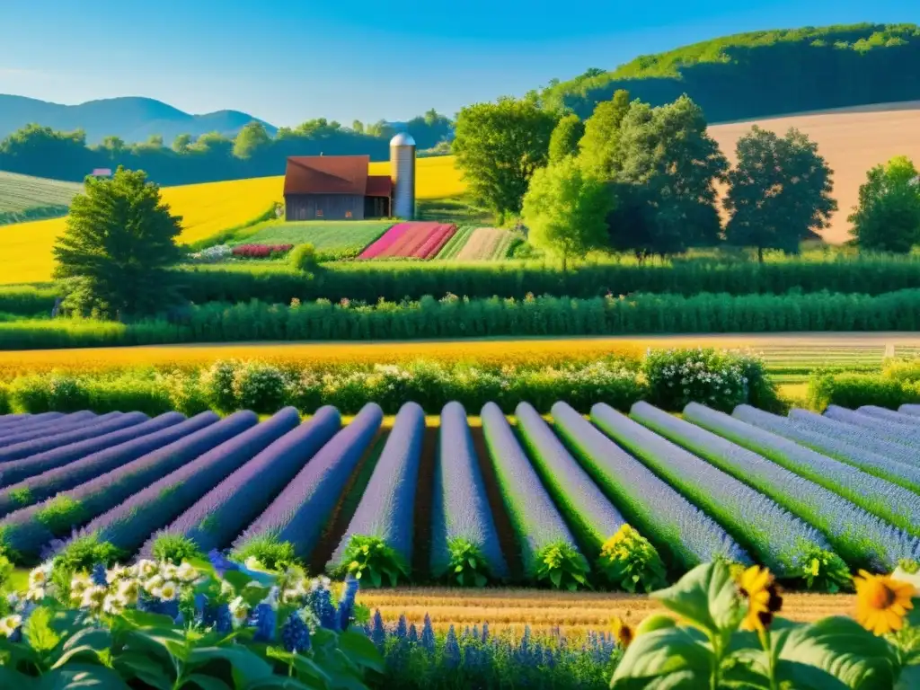 Granja orgánica con cultivos variados y abejas en flores silvestres, mostrando la transformación del mercado por agricultores orgánicos