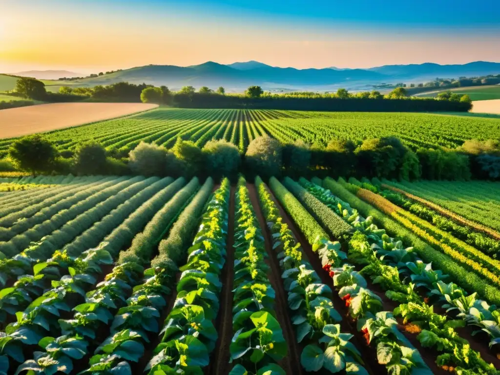 Una granja orgánica próspera con cultivos variados y ordenados bañados por la cálida luz del sol