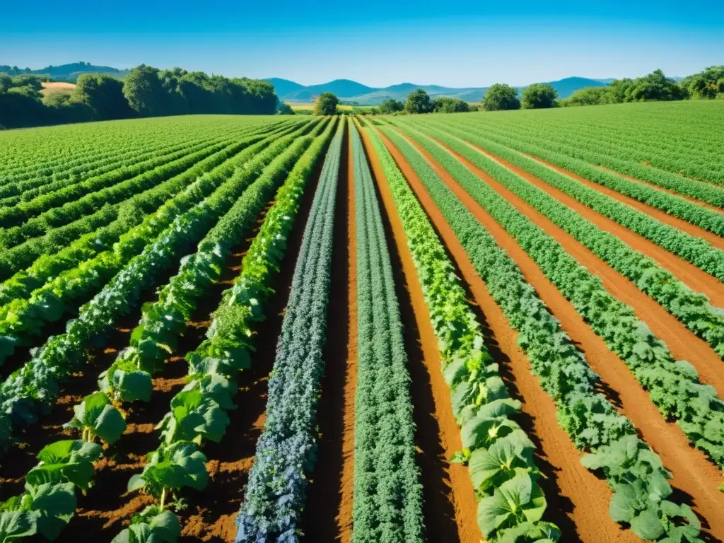 Granja orgánica próspera con cultivos variados en hileras bajo cielo azul