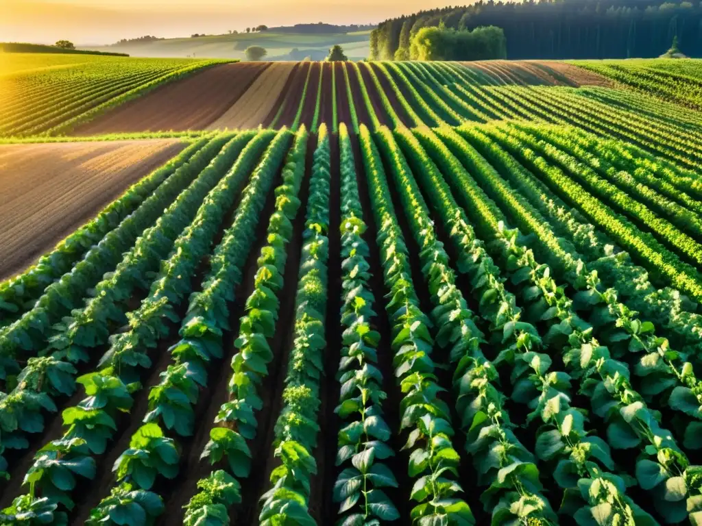 Una granja orgánica próspera con cultivos variados en filas ordenadas, bañada por la luz dorada del sol