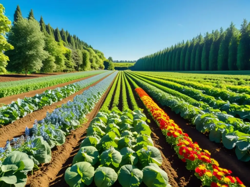 Granja orgánica con cultivos vegetales, bosque y cielo azul