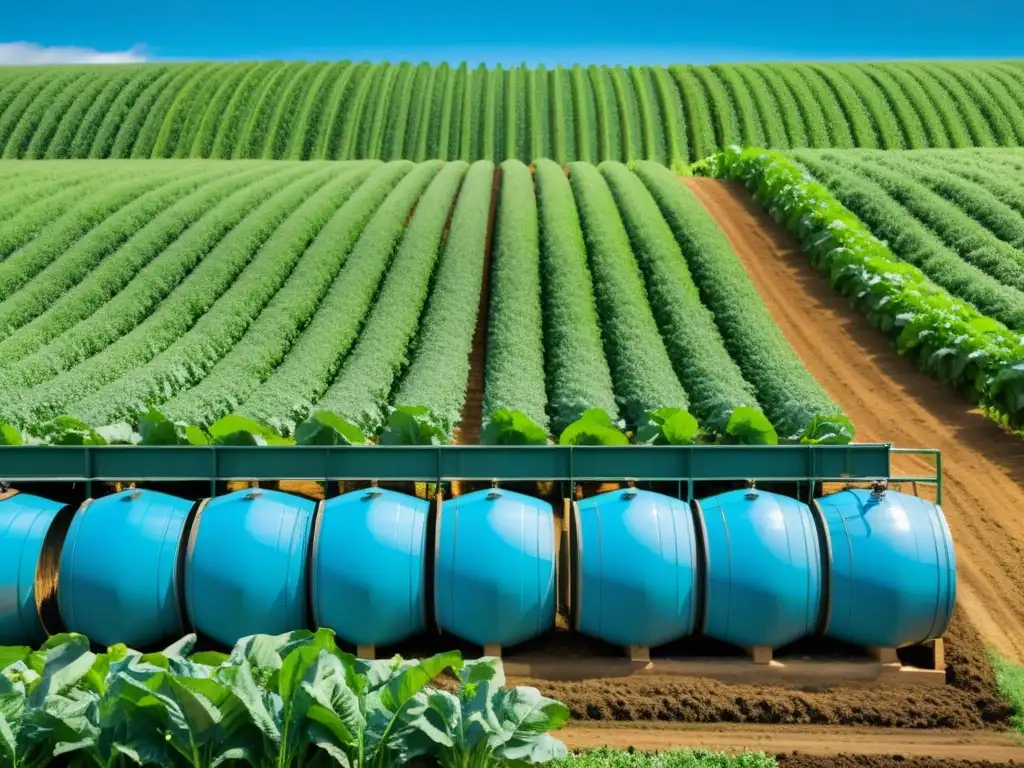 Una granja orgánica con cultivos verdes y un sistema de cosecha de agua de lluvia, en armonía con la naturaleza