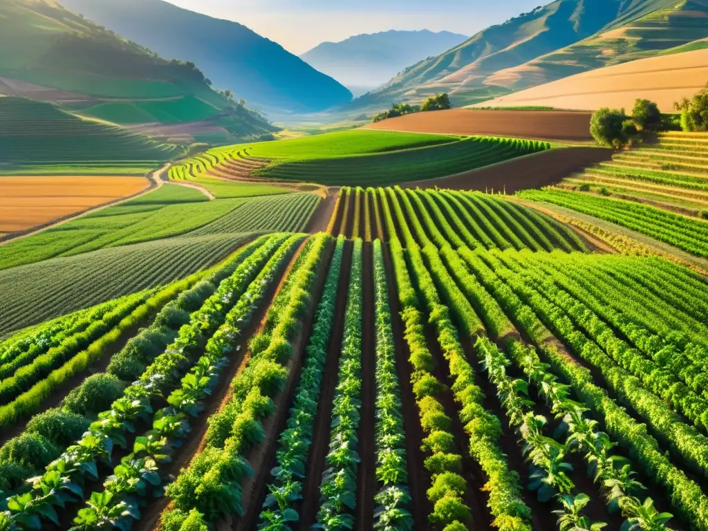 Granja orgánica con cultivos verdes y conservación de suelos en una escena idílica de agricultura sostenible al atardecer