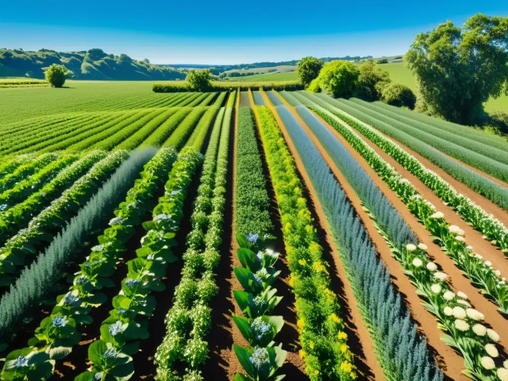 Granja orgánica con cultivos verdes bajo el sol, abejas y mariposas