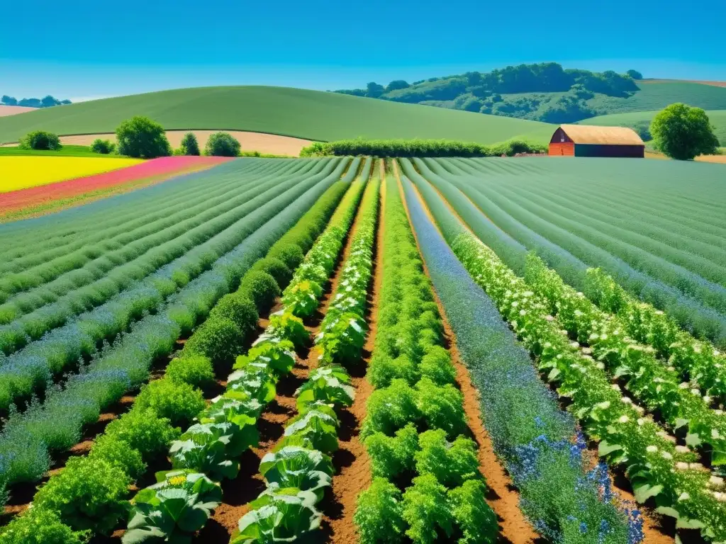 Una granja orgánica próspera con cultivos verdes y vibrantes bajo un cielo azul claro, evocando armonía y sostenibilidad