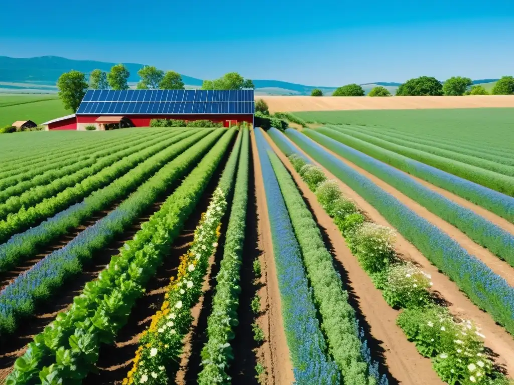 Una granja orgánica próspera con cultivos verdes y coloridas flores, transmitiendo armonía y sostenibilidad