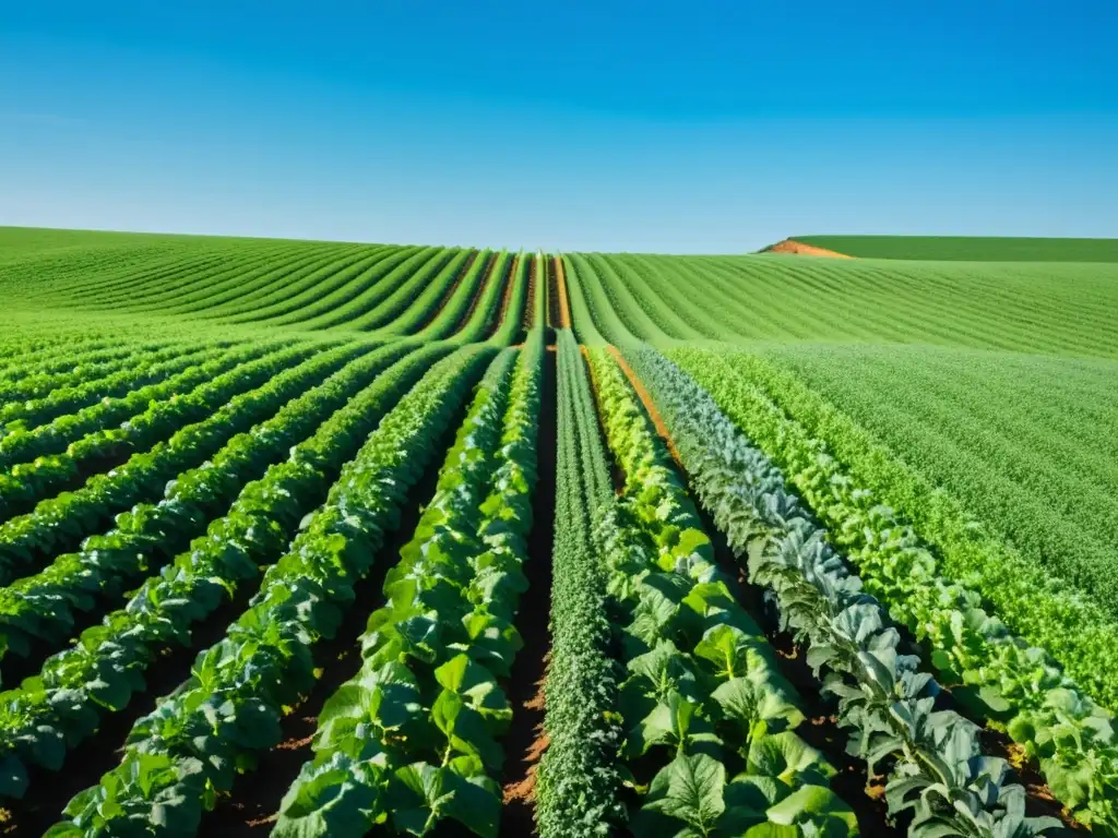 Una granja orgánica con cultivos verdes en filas simétricas bajo el cielo azul, transmitiendo armonía y sostenibilidad