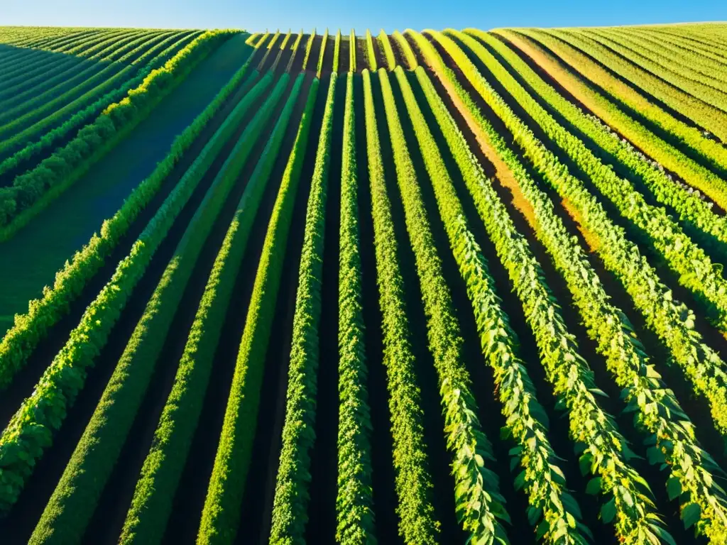 Granja orgánica con cultivos verdes bajo el cielo azul, transmitiendo calma y sostenibilidad para estrategias de marketing en granjas orgánicas