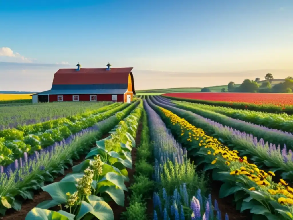 Granja orgánica con cultivos verdes bajo el cielo azul