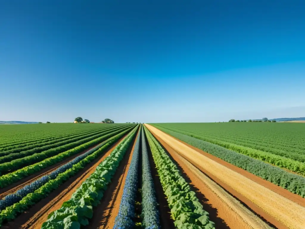 Una granja orgánica con cultivos vibrantes bajo el cielo azul