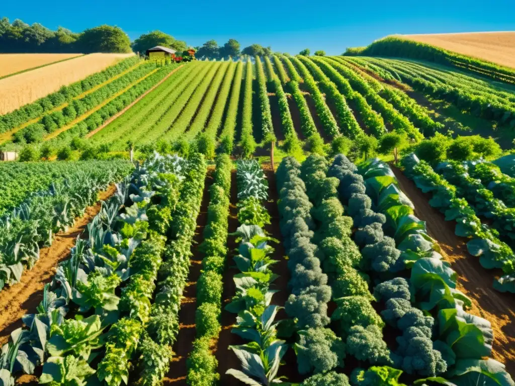 Granja orgánica con cultivos vibrantes bañados por el sol, transmitiendo tranquilidad y efectos a largo plazo de alimentos orgánicos