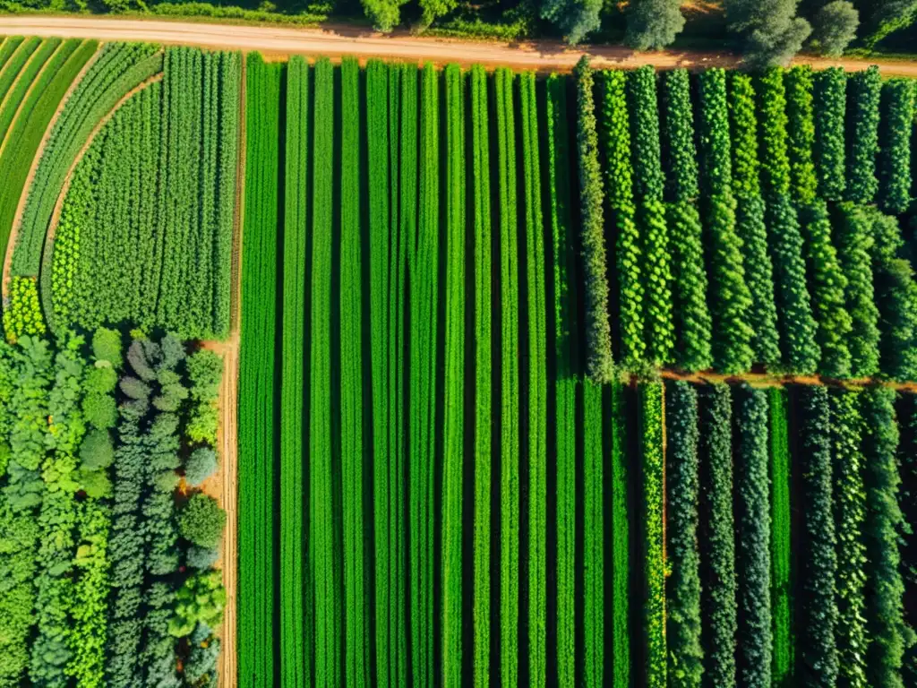 Una granja orgánica próspera con cultivos vibrantes y un bosque exuberante al fondo, iluminada por el sol