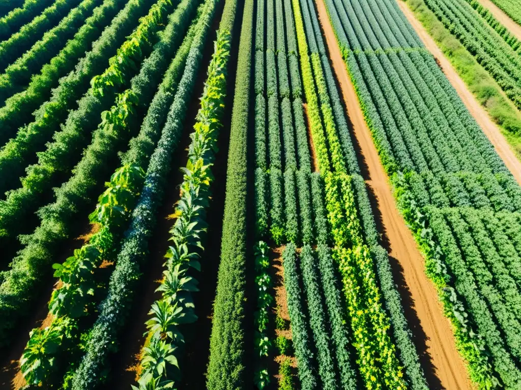 Una granja orgánica próspera con cultivos vibrantes bajo el cielo azul