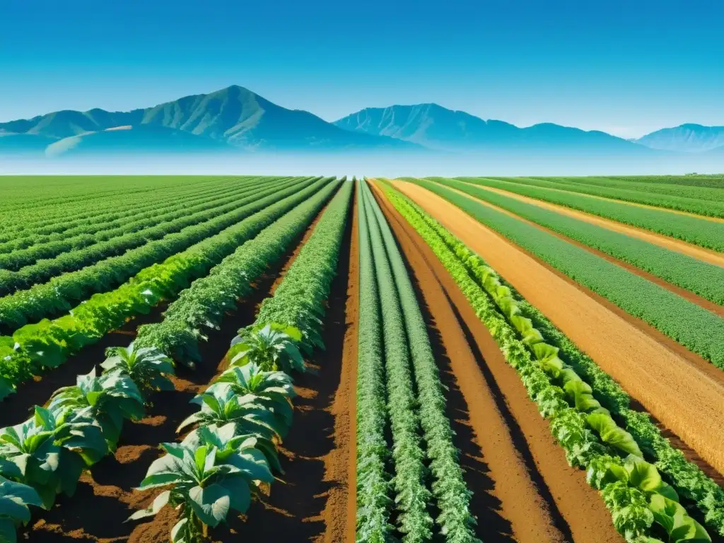 Granja orgánica próspera con cultivos vibrantes y diversidad de plantas bajo cielo azul