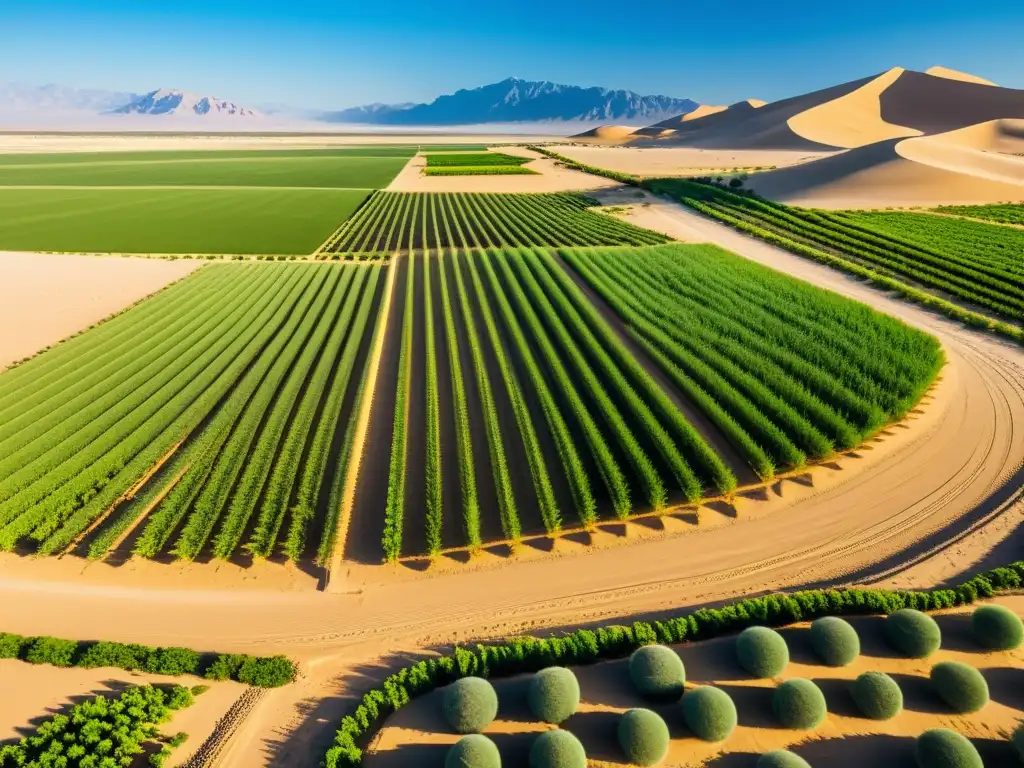 Granja orgánica en el desierto con técnicas de cultivo innovadoras, resaltando la armonía entre agricultura sostenible y entorno desértico