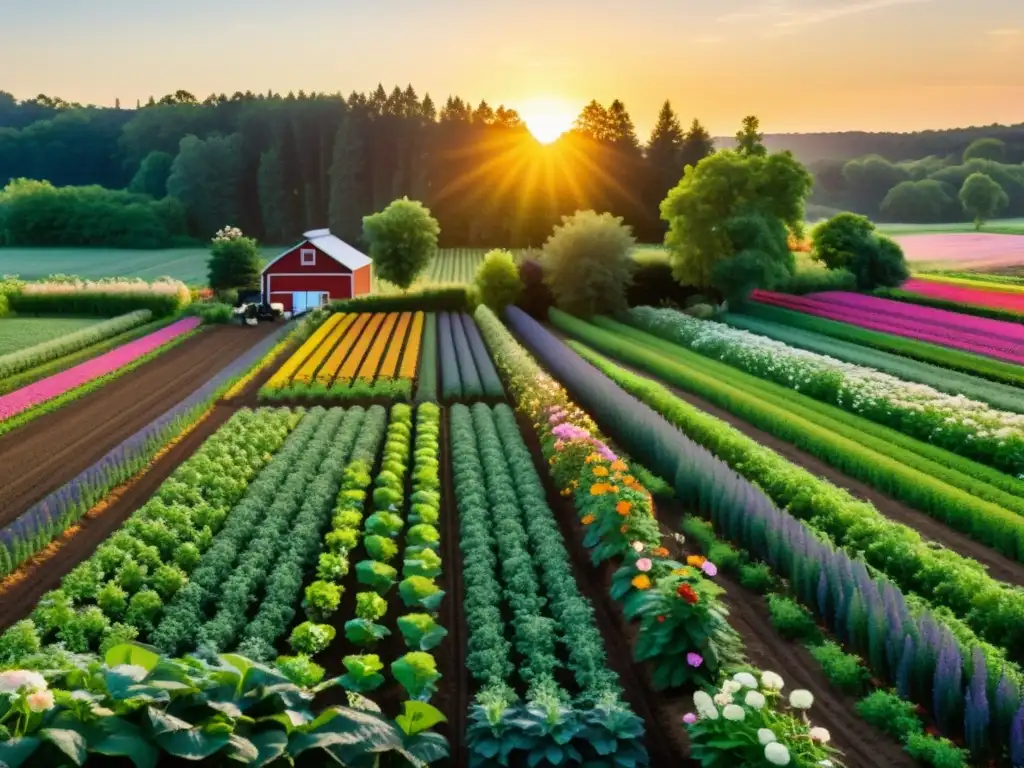 Una granja orgánica diversa, con cultivos coloridos y ecosistema saludable, bañada por la cálida luz del atardecer