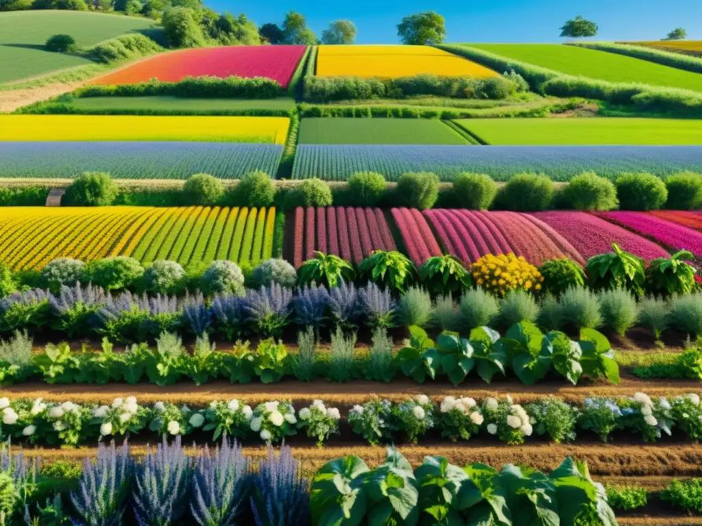 Una granja orgánica diversa y vibrante, con cultivos coloridos bajo un cielo azul