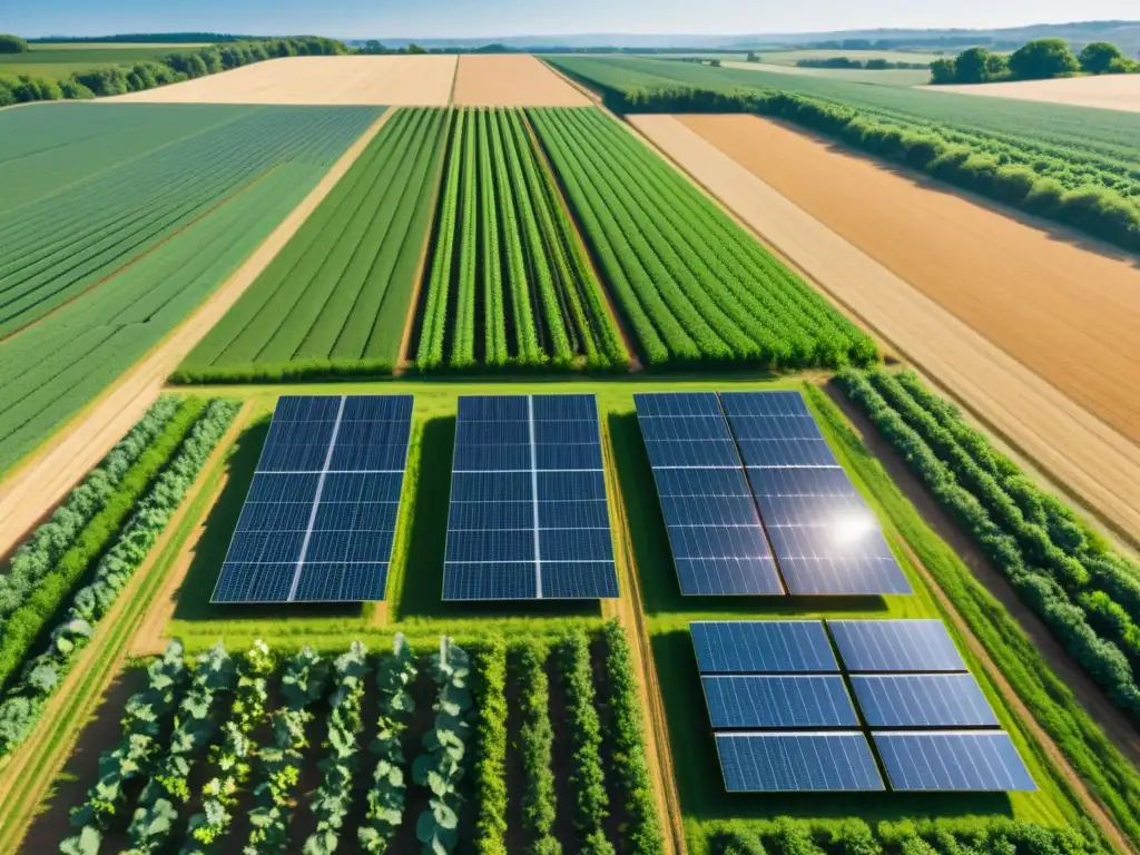 Granja orgánica con energía solar, integrando paneles solares en un paisaje natural, resaltando los beneficios de la agricultura orgánica y la energía solar