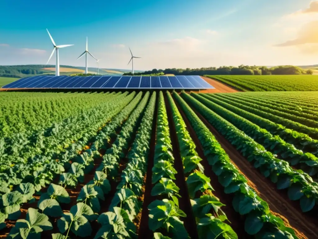 Granja orgánica con energías renovables: cultivos, paneles solares y molino eólico bajo cálido sol