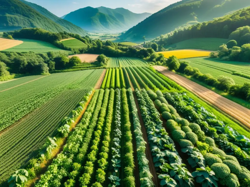 Una granja orgánica en un entorno natural protegido, con campos verdes y bosque al fondo