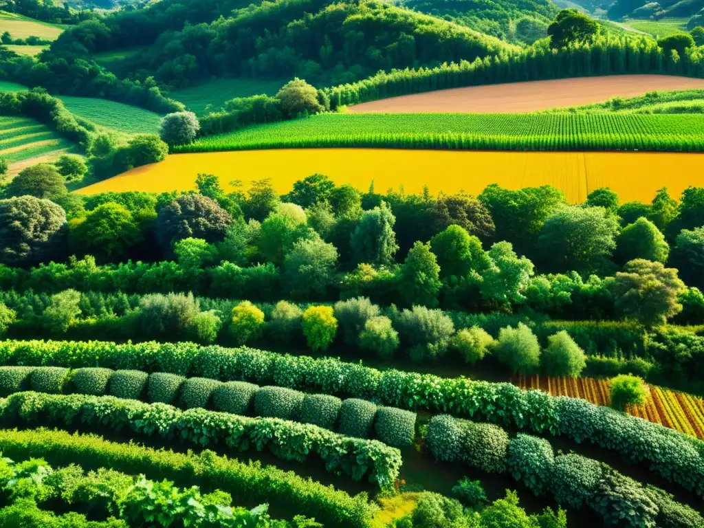 Una granja orgánica en un entorno protegido, repleta de cultivos vibrantes, frutas y verduras, bajo el cálido sol