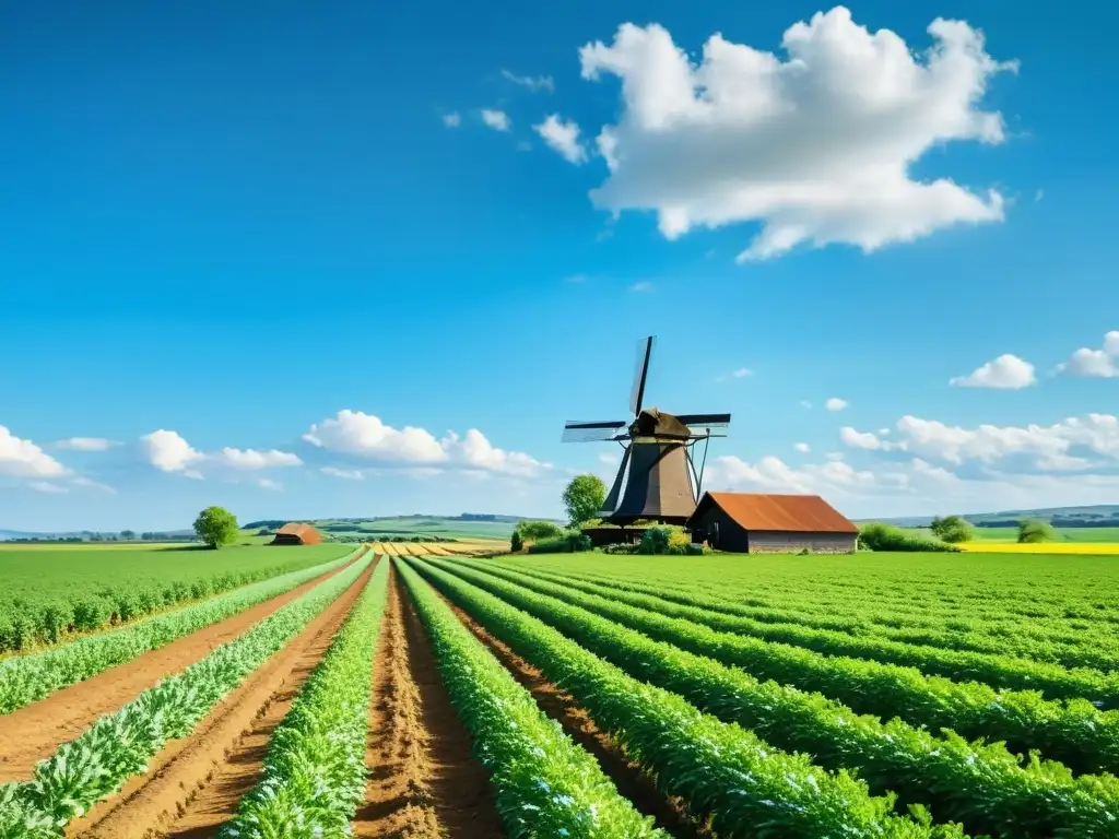 Una granja orgánica extensa bañada por el sol, con cultivos verdes vibrantes que se extienden hacia el horizonte