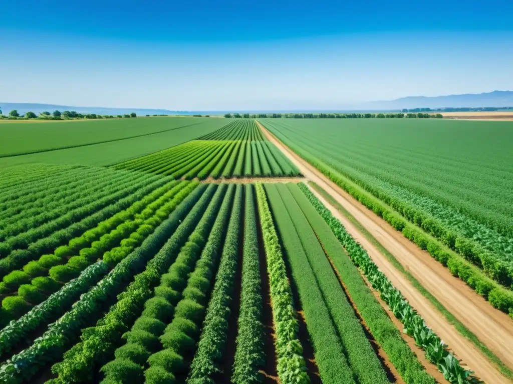 Granja orgánica extensa bañada por el sol, con cultivos vibrantes que se extienden hacia el horizonte