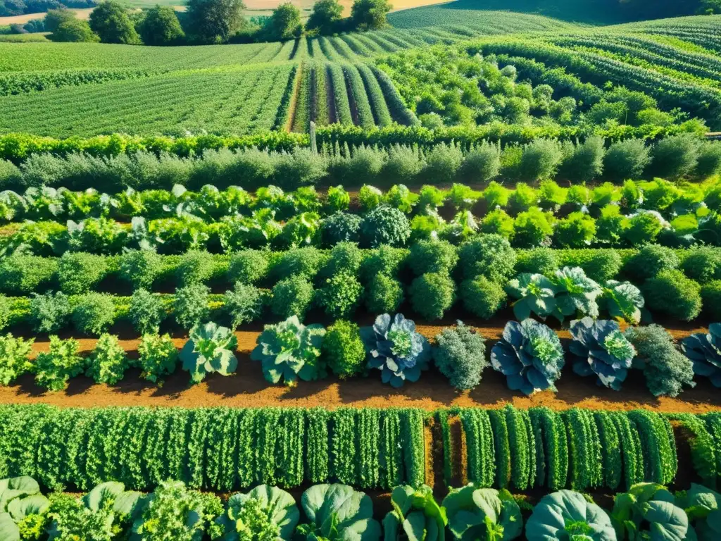 Una granja orgánica exuberante con alimentos vibrantes y biodiversidad, luchando contra el cambio climático