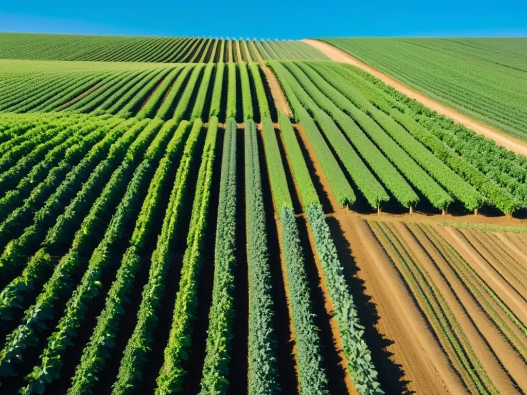 Una granja orgánica exuberante y armoniosa, con cultivos ordenados bajo un cielo azul