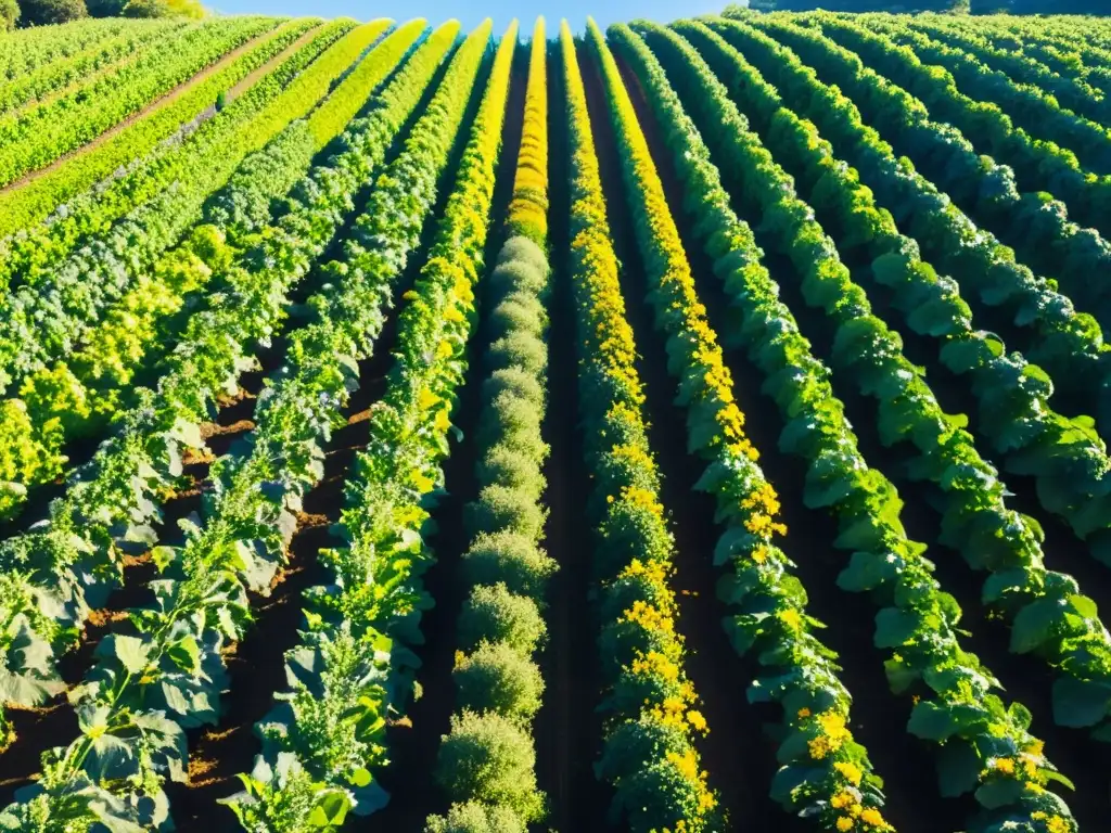 Una granja orgánica exuberante y armoniosa con cultivos saludables y vibrantes bajo un cielo azul