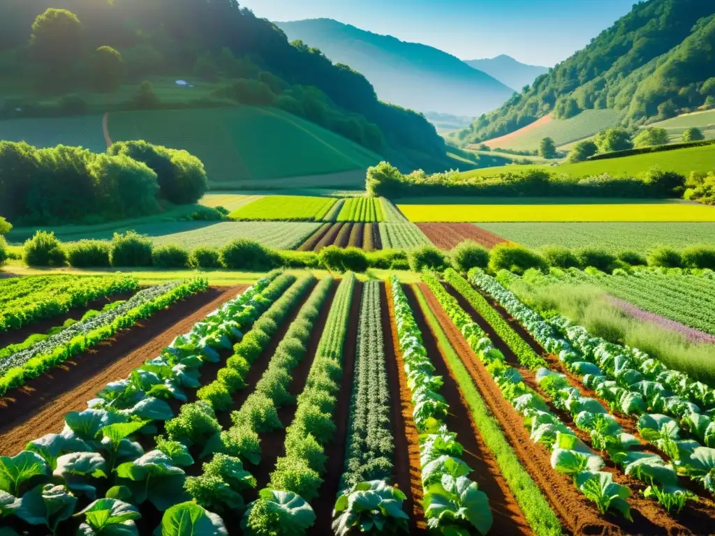 Una granja orgánica exuberante bañada en cálida luz solar, con cultivos vibrantes y un arroyo serpenteante